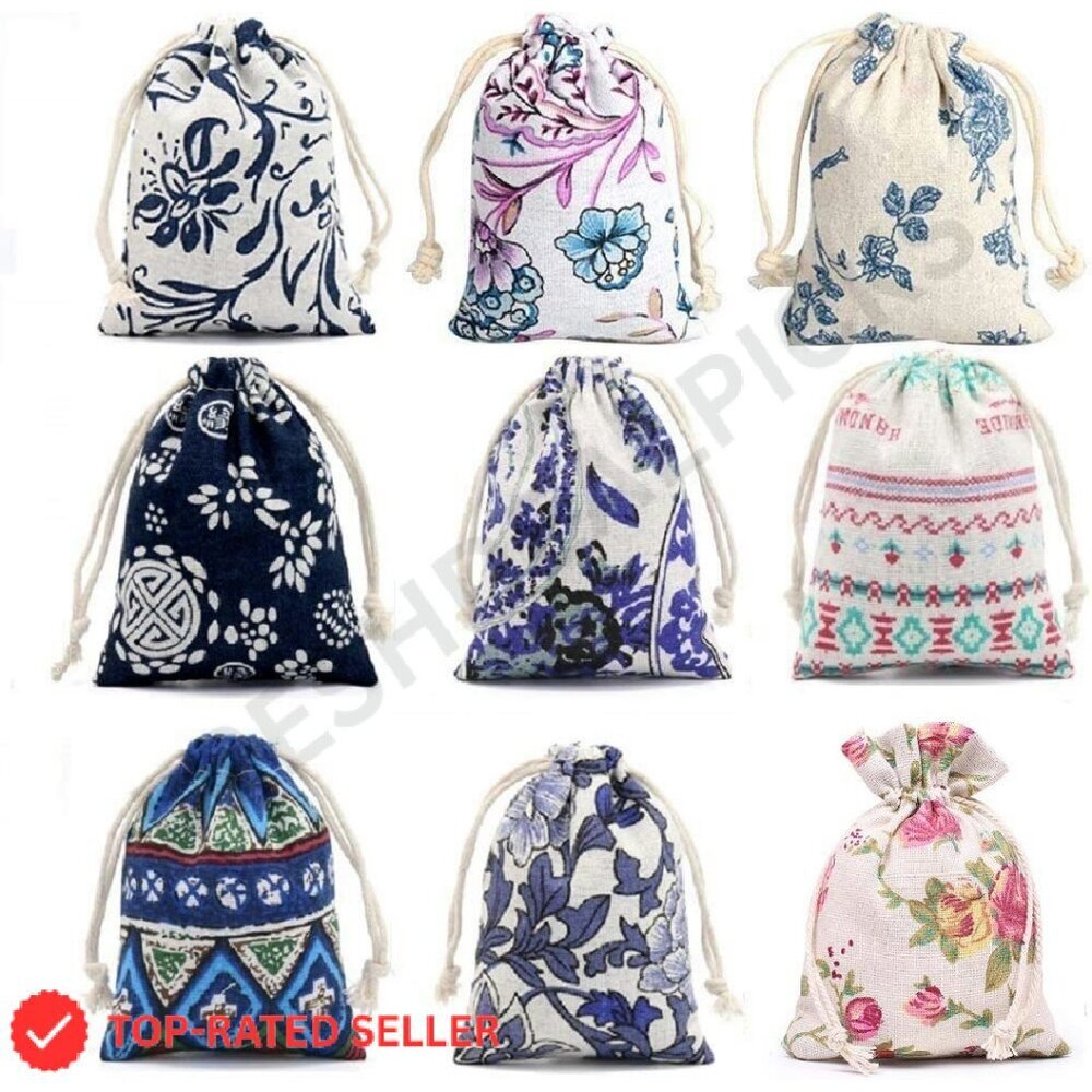 Burlap Drawstring Gift Bags Elegant Floral Geometry Print Reusable Storage Pouch